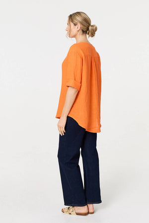 Orange | Button Detail 1/2 Sleeve V-Neck Blouse

