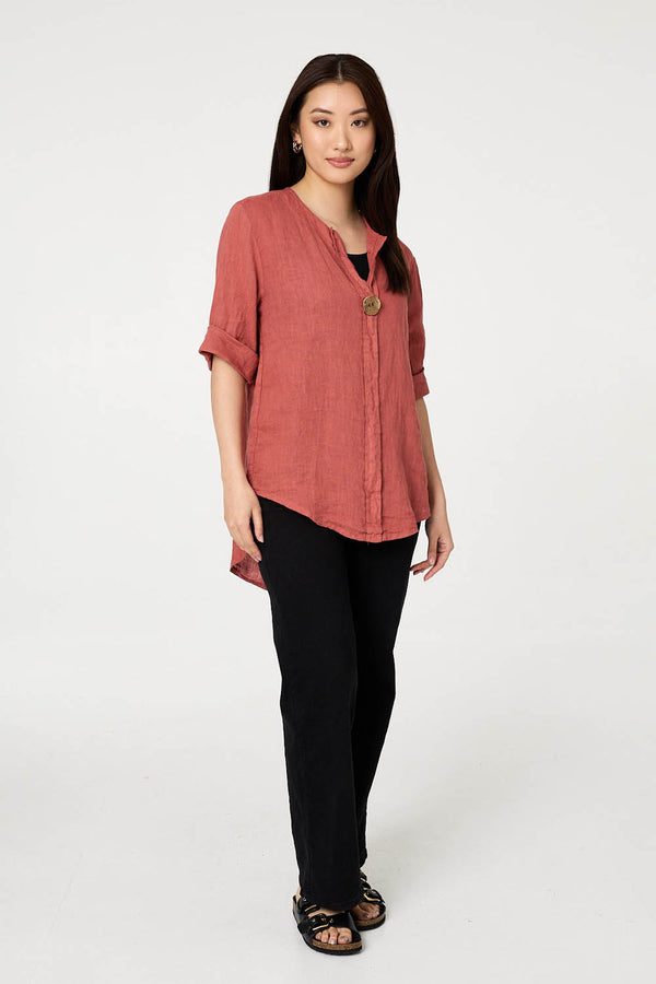 Pink | Button Detail 1/2 Sleeve V-Neck Blouse