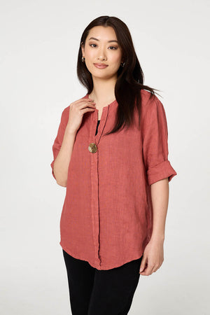 Pink | Button Detail 1/2 Sleeve V-Neck Blouse : Model is 5'9