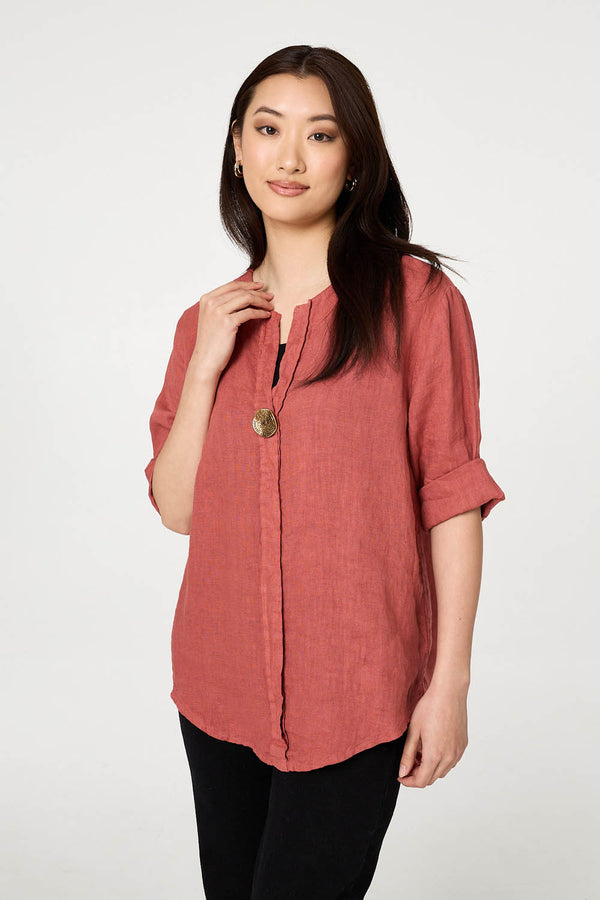 Pink | Button Detail 1/2 Sleeve V-Neck Blouse : Model is 5'9"/175 cm and wears UK8/EU36/US4/AUS8