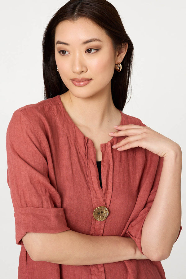 Pink | Button Detail 1/2 Sleeve V-Neck Blouse