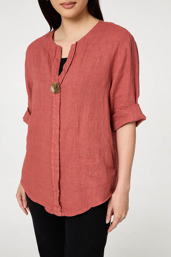 Pink | Button Detail 1/2 Sleeve V-Neck Blouse