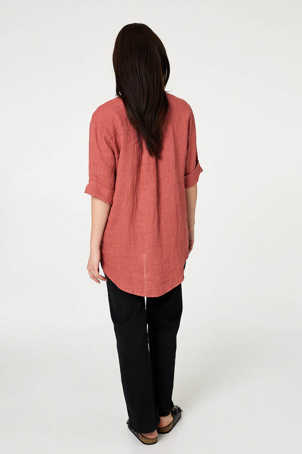 Pink | Button Detail 1/2 Sleeve V-Neck Blouse