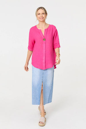 Raspberry | Button Detail 1/2 Sleeve V-Neck Blouse
