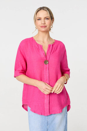 Raspberry | Button Detail 1/2 Sleeve V-Neck Blouse : Model is 5'10