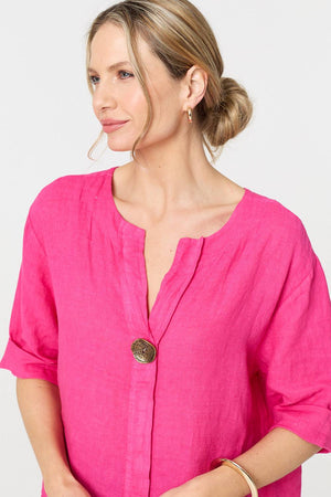 Raspberry | Button Detail 1/2 Sleeve V-Neck Blouse
