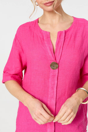 Raspberry | Button Detail 1/2 Sleeve V-Neck Blouse
