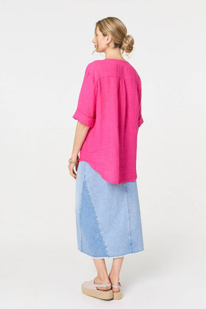 Raspberry | Button Detail 1/2 Sleeve V-Neck Blouse

