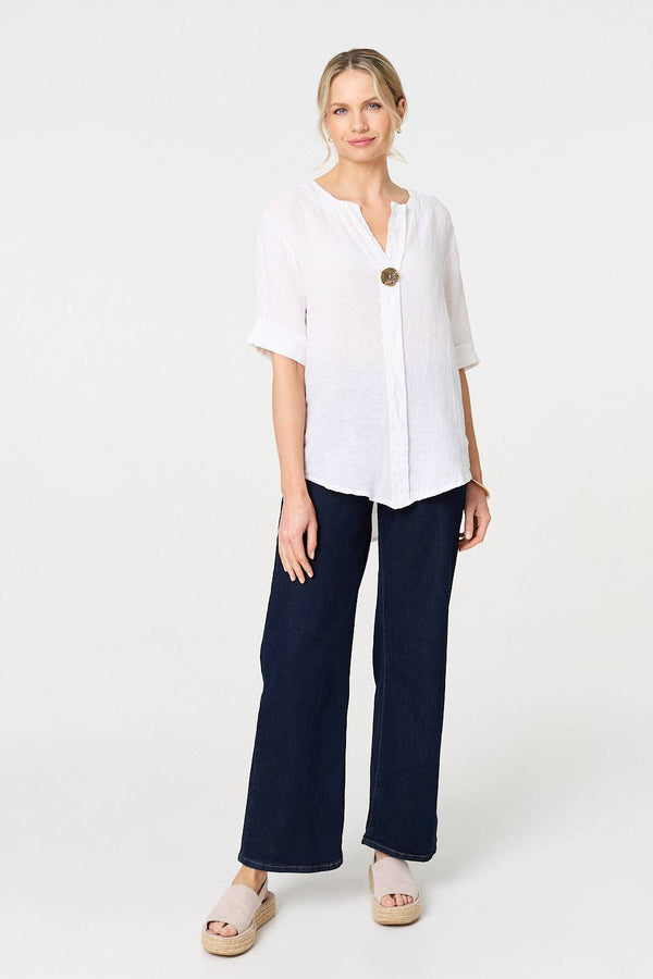 White | Button Detail 1/2 Sleeve V-Neck Blouse
