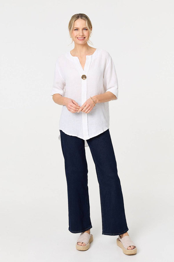 White | Button Detail 1/2 Sleeve V-Neck Blouse
