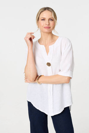 White | Button Detail 1/2 Sleeve V-Neck Blouse : Model is 5'10
