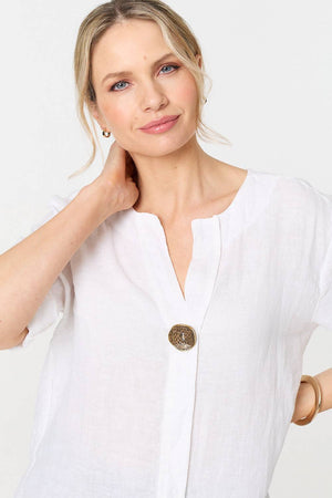 White | Button Detail 1/2 Sleeve V-Neck Blouse
