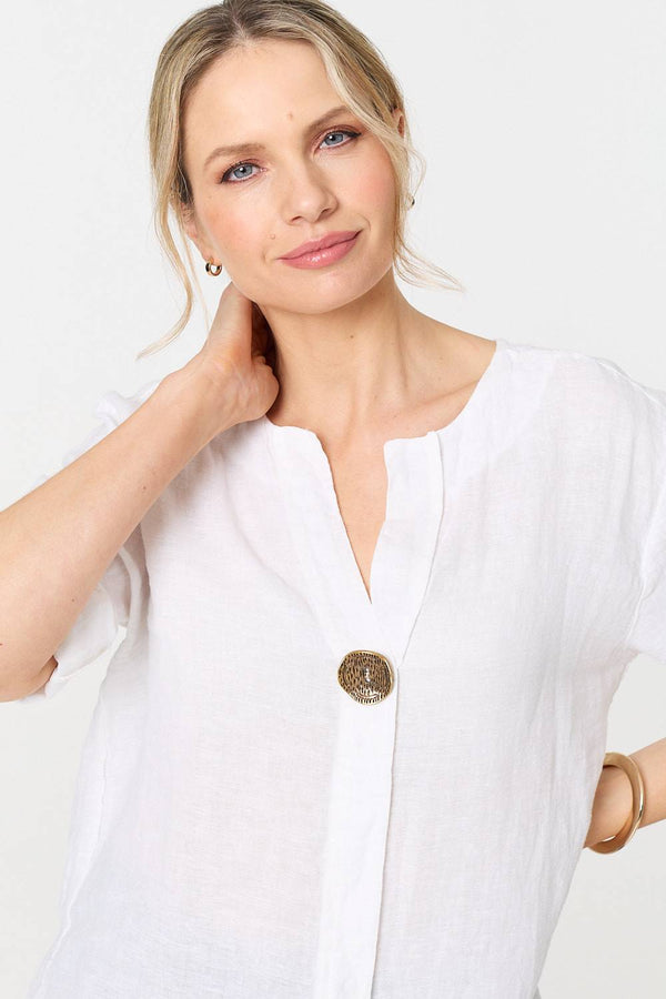 White | Button Detail 1/2 Sleeve V-Neck Blouse
