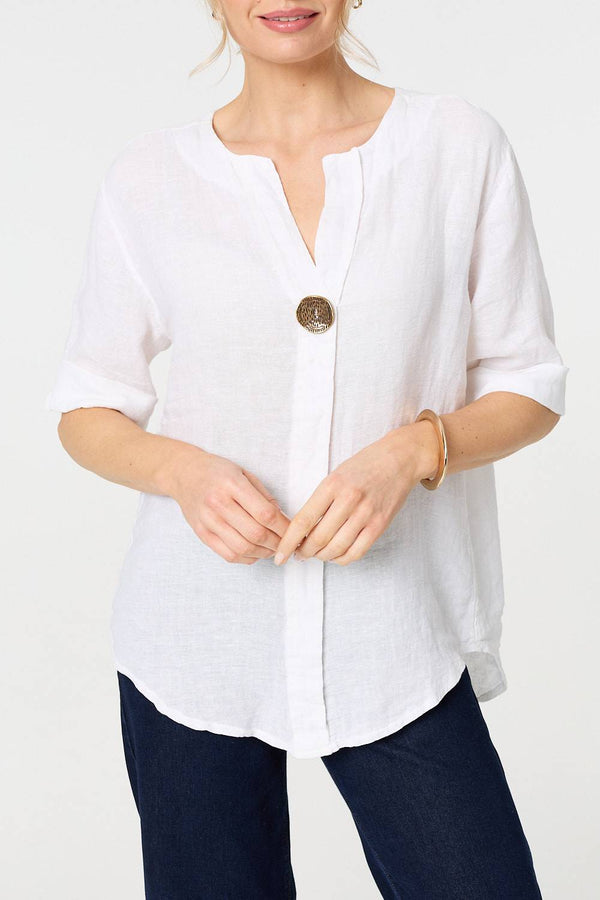White | Button Detail 1/2 Sleeve V-Neck Blouse
