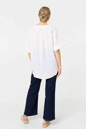 White | Button Detail 1/2 Sleeve V-Neck Blouse

