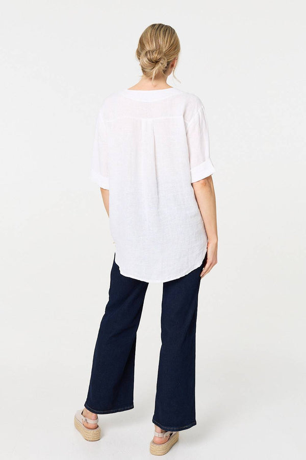 White | Button Detail 1/2 Sleeve V-Neck Blouse

