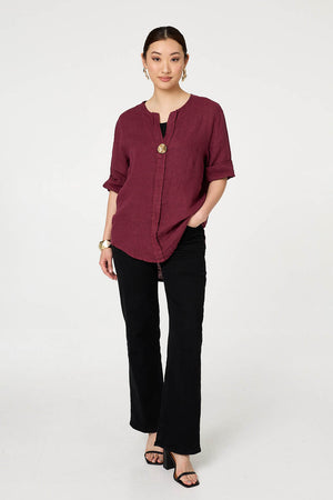 Red | Button Detail 1/2 Sleeve V-Neck Blouse