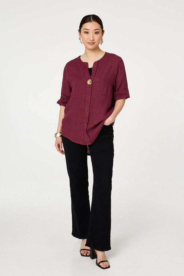 Red | Button Detail 1/2 Sleeve V-Neck Blouse