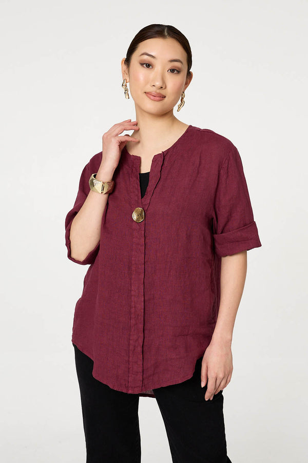 Red | Button Detail 1/2 Sleeve V-Neck Blouse