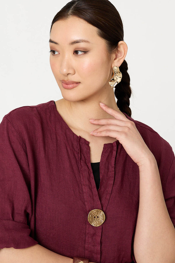 Red | Button Detail 1/2 Sleeve V-Neck Blouse