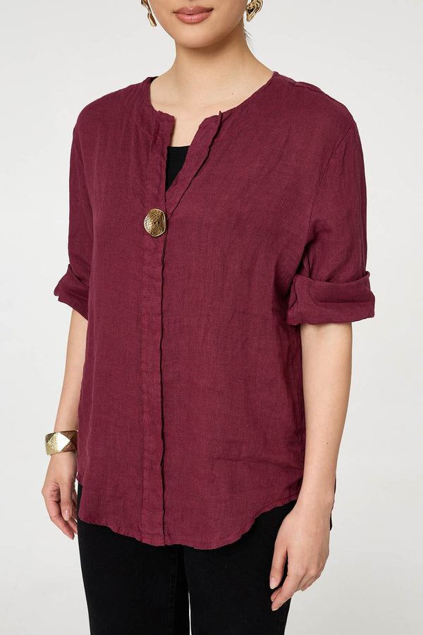 Red | Button Detail 1/2 Sleeve V-Neck Blouse
