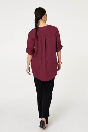 Red | Button Detail 1/2 Sleeve V-Neck Blouse