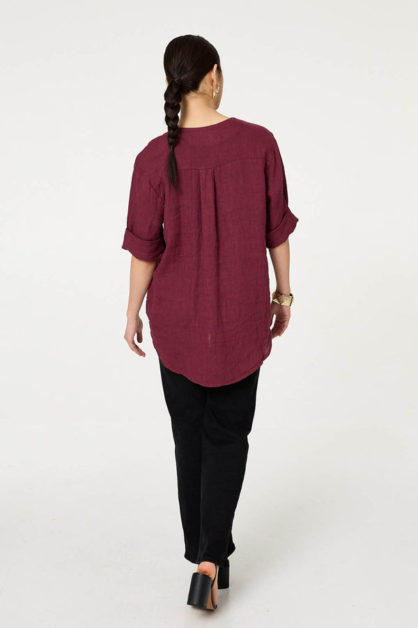 Red | Button Detail 1/2 Sleeve V-Neck Blouse