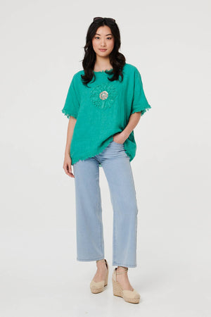 Blue | Frayed Edge Floral Embellished Top