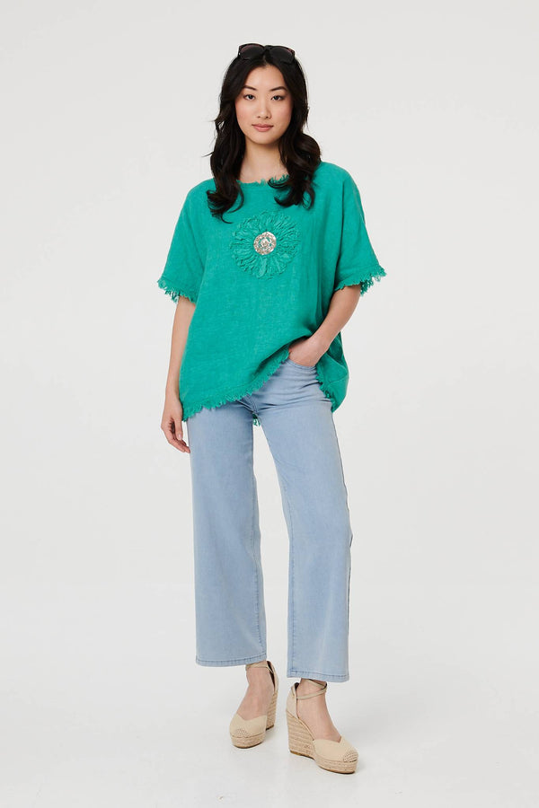 Blue | Frayed Edge Floral Embellished Top