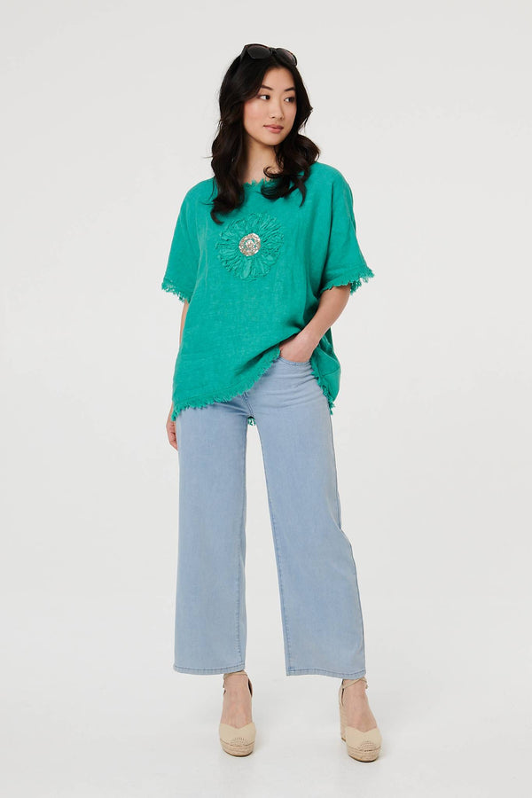 Blue | Frayed Edge Floral Embellished Top