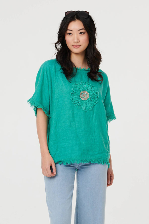Blue | Frayed Edge Floral Embellished Top : Model is 5'9"/175 cm and wears UK8/EU36/US4/AUS8