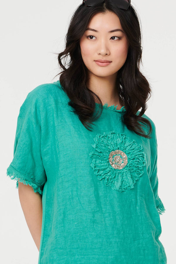 Blue | Frayed Edge Floral Embellished Top