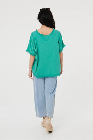 Blue | Frayed Edge Floral Embellished Top