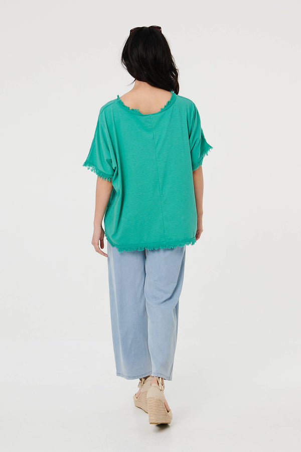Blue | Frayed Edge Floral Embellished Top