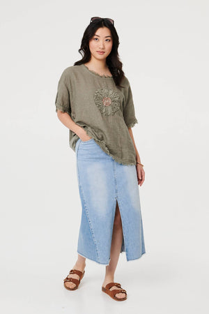 Grey | Frayed Edge Floral Embellished Top