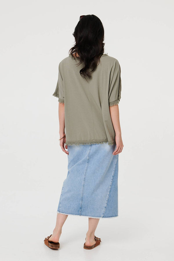 Grey | Frayed Edge Floral Embellished Top
