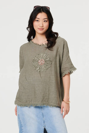 Grey | Frayed Edge Floral Embellished Top : Model is 5'9