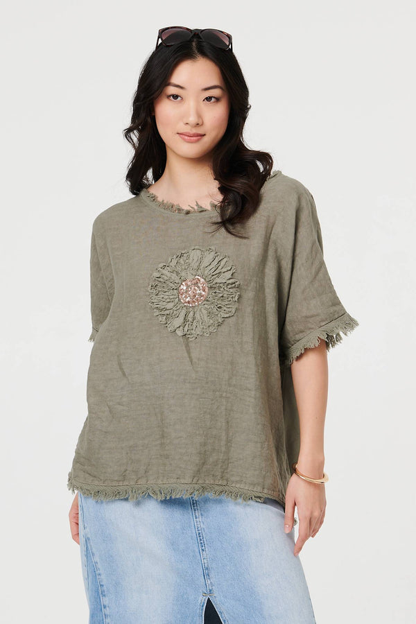 Grey | Frayed Edge Floral Embellished Top : Model is 5'9"/175 cm and wears UK8/EU36/US4/AUS8