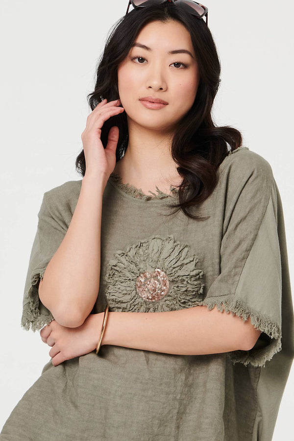 Grey | Frayed Edge Floral Embellished Top
