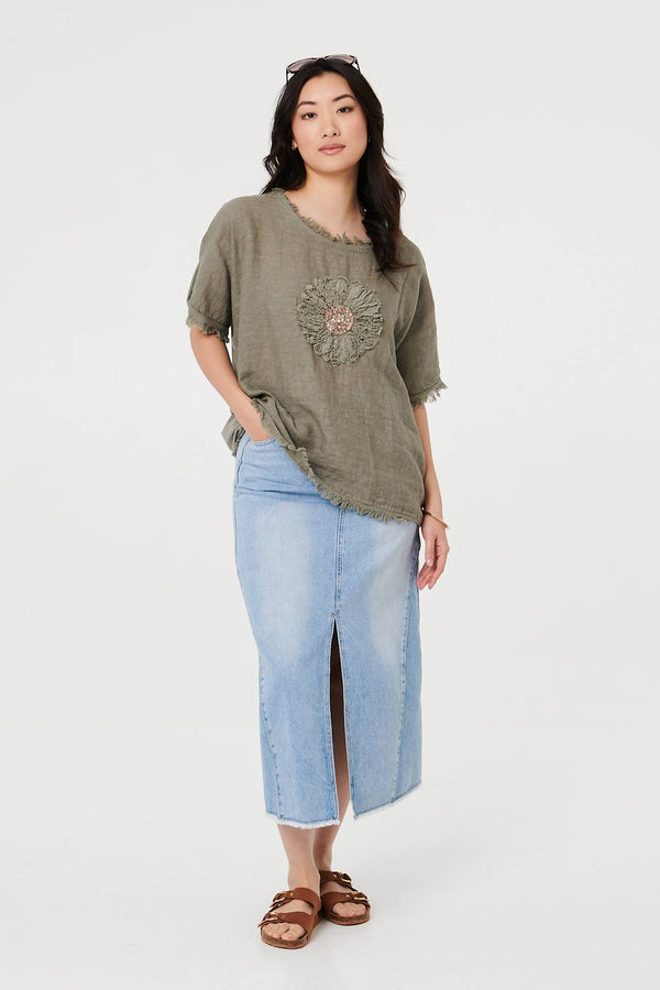 Grey | Frayed Edge Floral Embellished Top