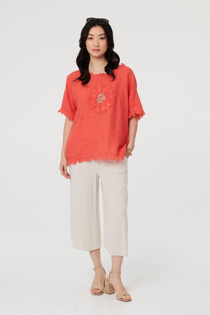 Orange | Frayed Edge Floral Embellished Top