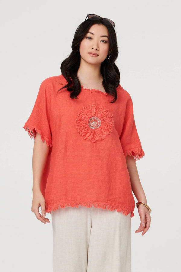 Orange | Frayed Edge Floral Embellished Top : Model is 5'9"/175 cm and wears UK8/EU36/US4/AUS8