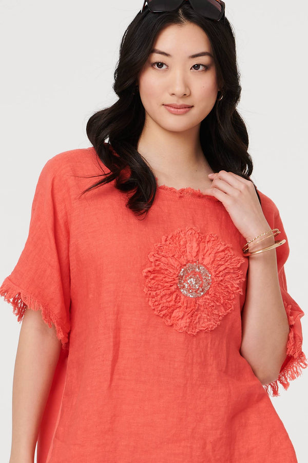Orange | Frayed Edge Floral Embellished Top