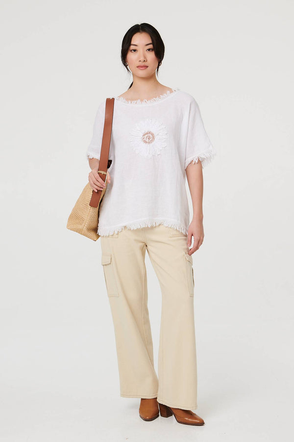 White | Frayed Edge Floral Embellished Top