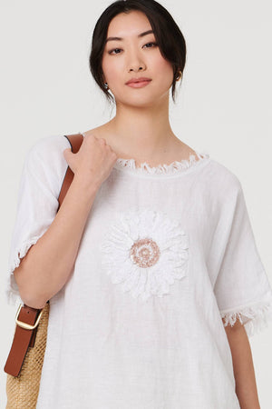 White | Frayed Edge Floral Embellished Top