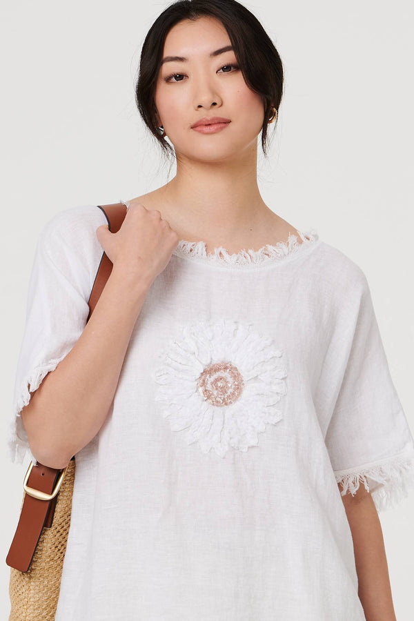 White | Frayed Edge Floral Embellished Top