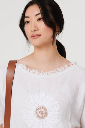 White | Frayed Edge Floral Embellished Top