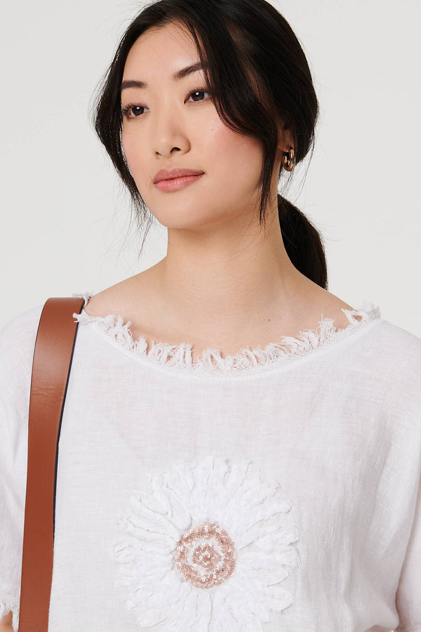White | Frayed Edge Floral Embellished Top