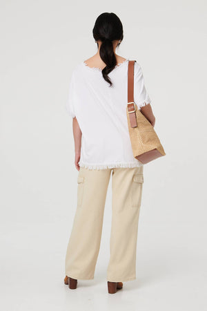 White | Frayed Edge Floral Embellished Top