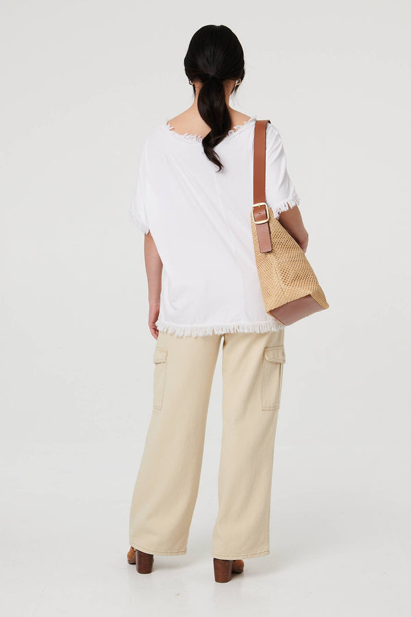 White | Frayed Edge Floral Embellished Top